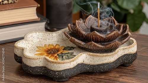 Burning incense with heart shaped smoke, lotus holder in speckled ceramic dish on dark wood, black background.