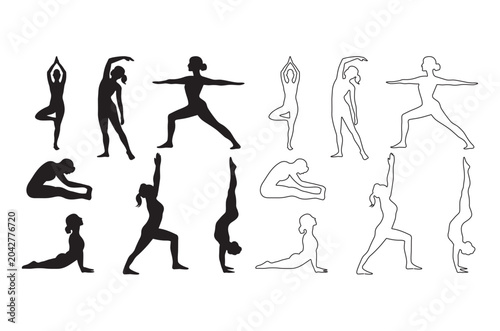yoga poses silhouettes on white background stretching