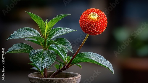 Top down close-up of vibrant red dahlia centered, multiple dense petal layers, inner smaller petals in light yellow orange spiral, blurred dark background, muted vintage tone.