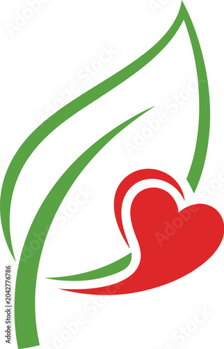 Green leaf with red heart shape design illustration isolated on transparent background