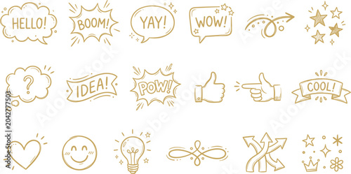 Hand drawn doodle elements collection speech bubbles gestures and positive symbols