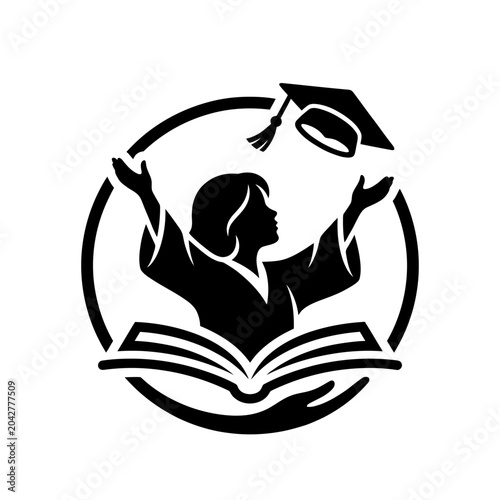 Black and white silhouette of a graduate student throwing a cap.