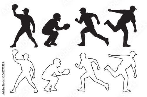 baseball player silhouettes on white background silhouette