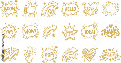 Hand drawn doodle style positive expression collection for design projects
