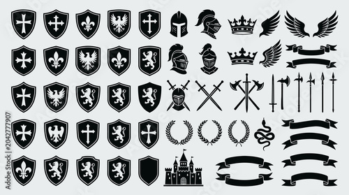 Obraz na płótnie Comprehensive Medieval Heraldic Silhouette Collection Featuring Shields, Knight Helmets, Crowns, Swords, Weapons, Banners, and Royal Symbols for Logo Design and Vintage Projects