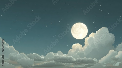 Serene Night Sky with Bright Full Moon Illuminating Soft Clouds against a Starry Background in Peaceful Atmosphere