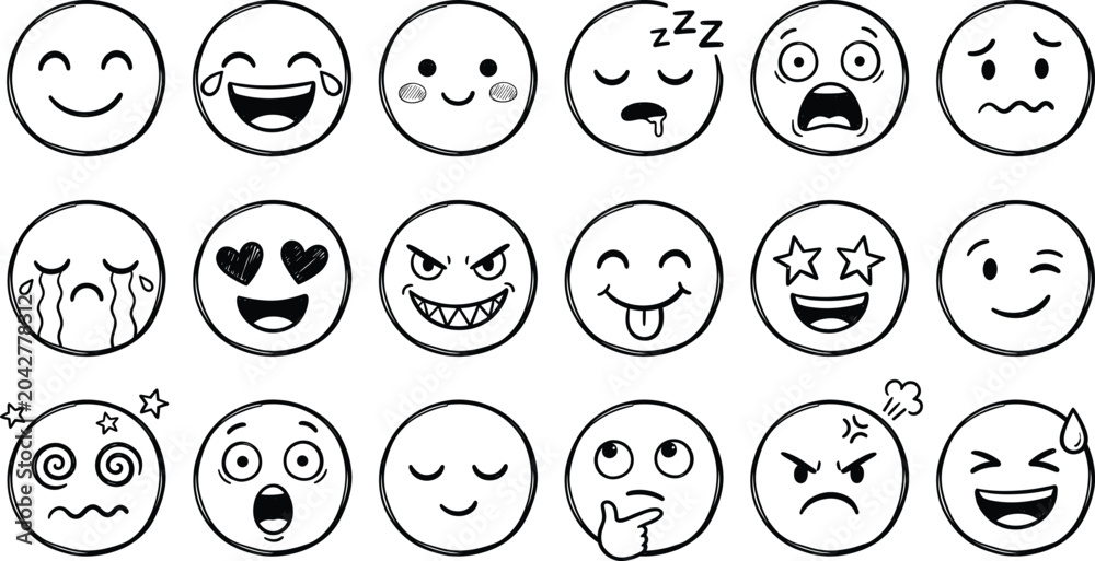 Fototapeta premium Hand drawn emoji set diverse facial expressions for digital communication and design