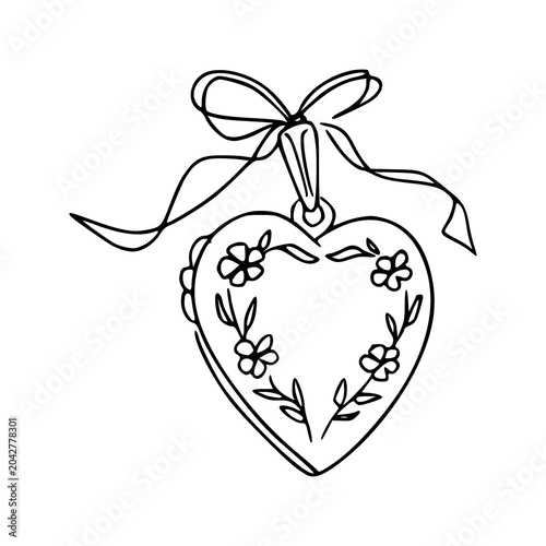 hand-drawn floral heart pendant sketch, simple black and white jewelry line art
