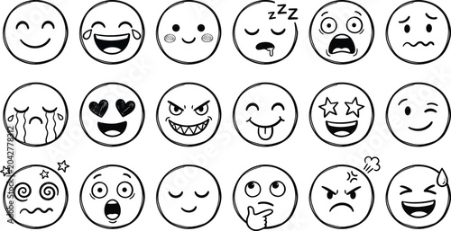 Hand drawn emoji set diverse facial expressions for digital communication and design