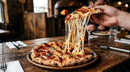 A hand pulls melted cheese on a pizza served on a wooden table indoors.