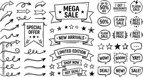 Hand drawn sale banners and elements for marketing promotions and discounts