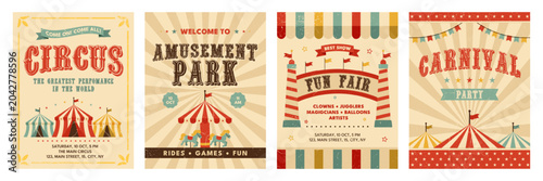Retro circus, amusement park, carnival and fun fair poster set in mid century Americana style. Vintage vector illustrations for festival invitations, fairground banners, event design
