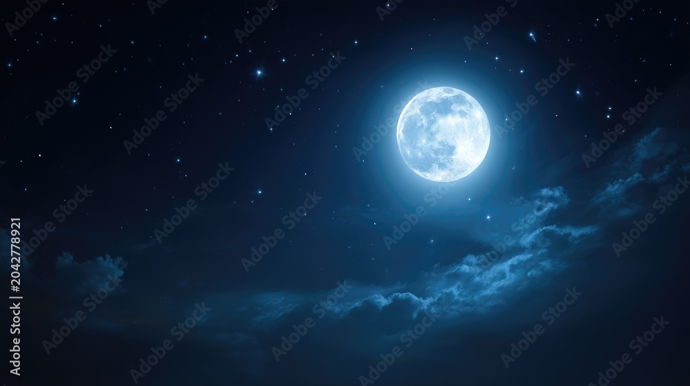 Fototapeta premium Bright full moon shining over a starry night sky with wispy clouds, creating a serene and magical atmosphere