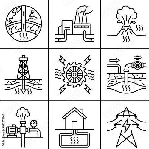 Geothermal Energy Icons: Power Plant, Volcano, Drilling, Turbine, Pipeline, Pump, House