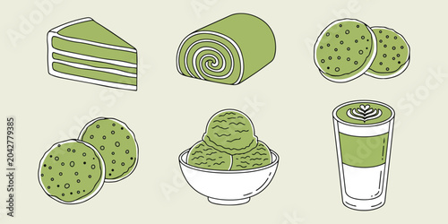 Selection of matcha flavored green desserts and drinks served for tea time including cake cookies and ice cream treats.