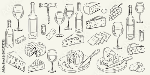 Outline set of gourmet food: wine bottles, glasses, grapes, different types of cheese, and corkscrews.