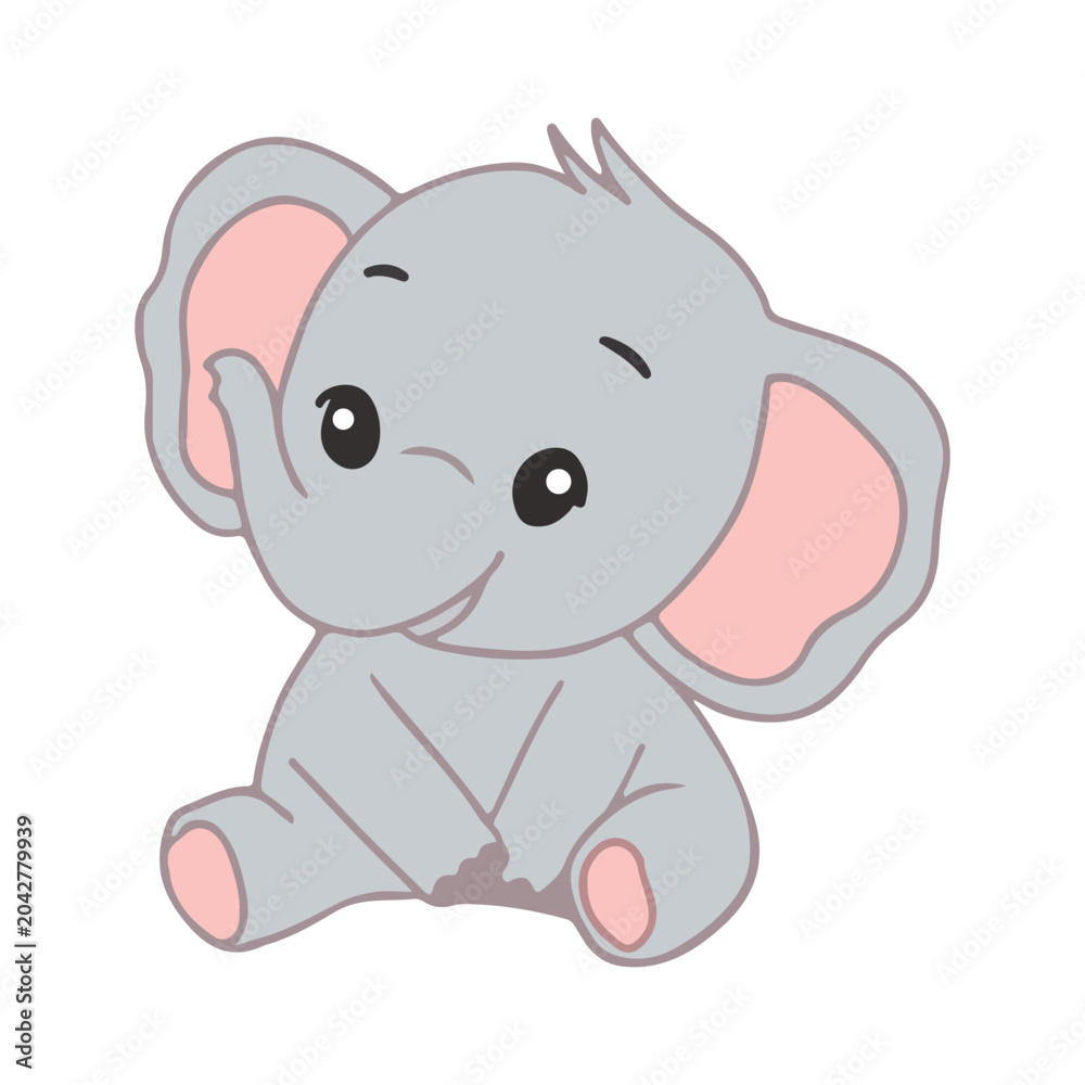 Obraz premium Adorable grey baby elephant cartoon illustration with pink ears, sitting playfully and smiling, perfect for children's designs