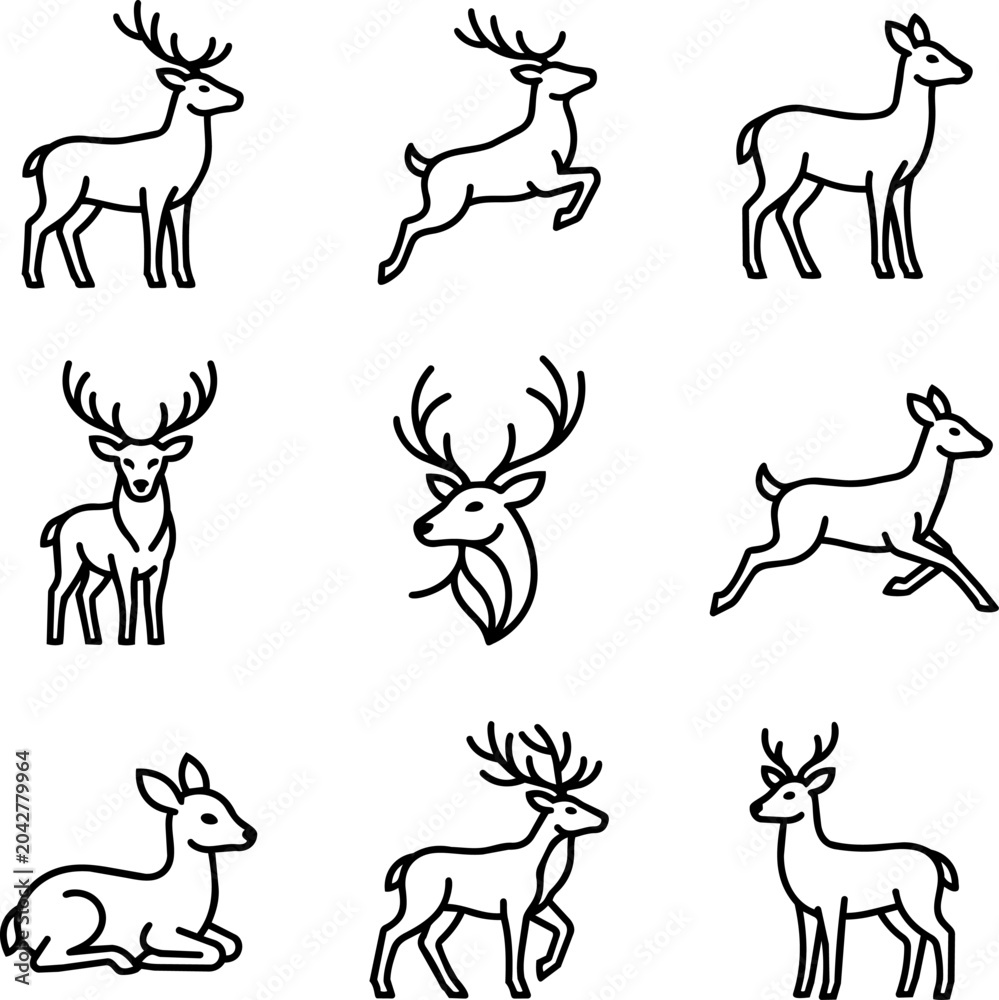 Obraz premium Deer Icons Set: Antlered Animals in Various Poses - Line Art Collection