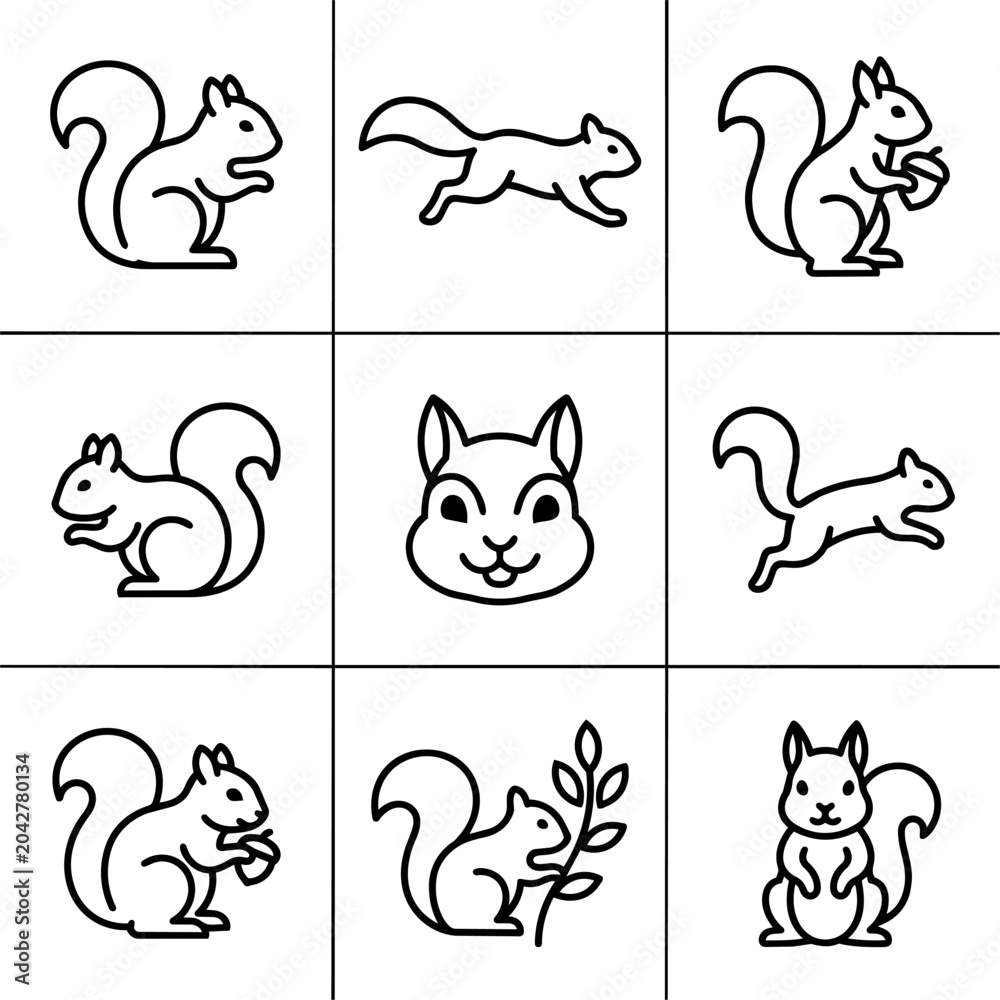 Obraz premium Cute Squirrel Icons Set - Line Art Animal Illustrations