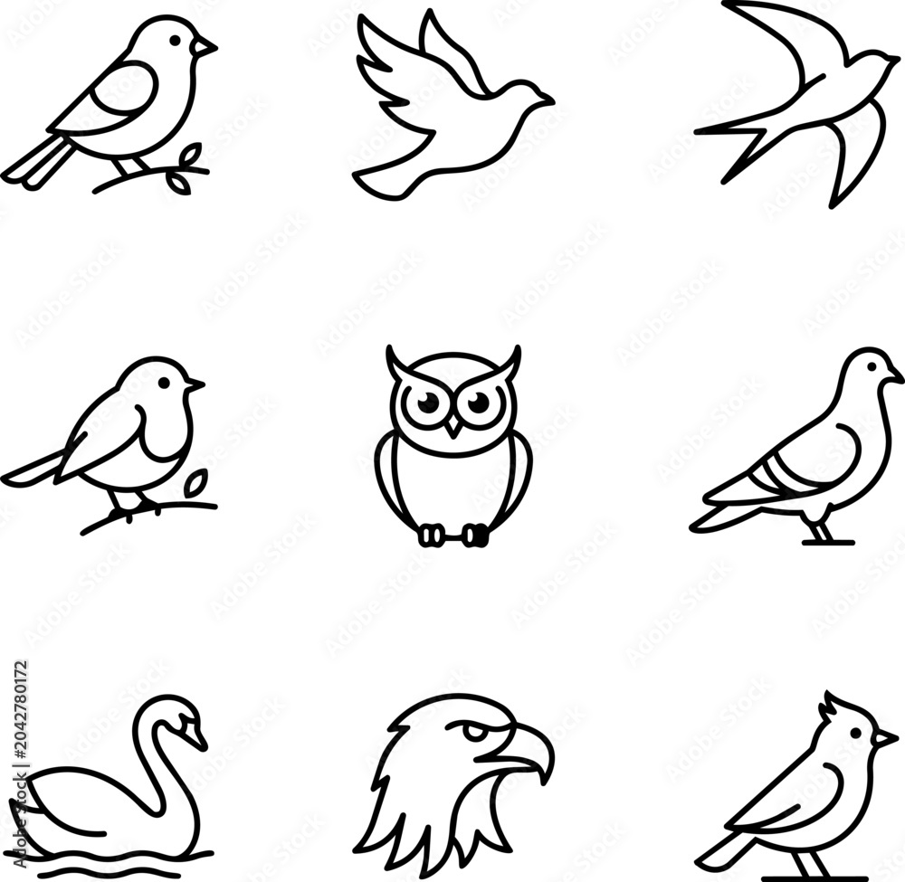 Obraz premium Set of Line Art Bird Icons: Pigeon, Owl, Swan, Eagle, Sparrow and more