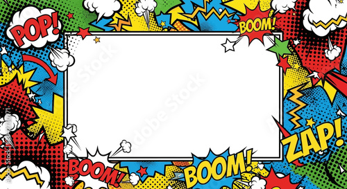 Bild auf Leinwand Comic Book Border with Pop Art Speech Bubbles and Action Words