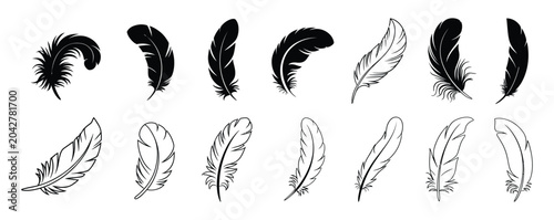 Bild auf Leinwand Bird feather pen icon black quill feather silhouette collection featuring elegan