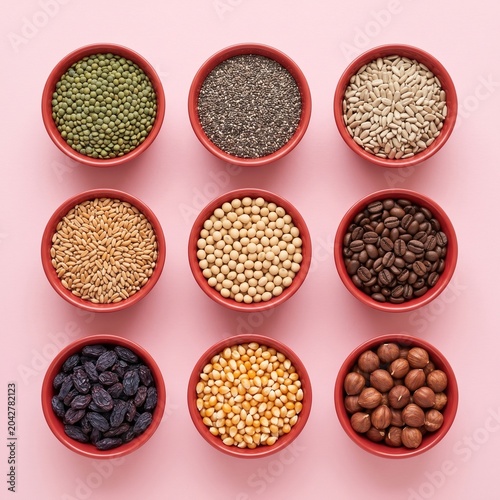 Top-down view of nine small red bowls arranged in a perfect grid on a soft pink background, containing a variety of healthy seeds, grains, nuts, and legumes like coffee, corn, and hazelnuts