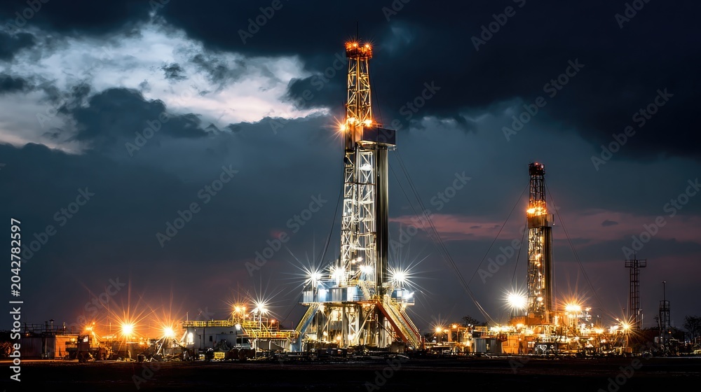 Obraz premium Nighttime Oil Rig Operations Under Dramatic Clouds with Illuminated Machinery and Structures in the Background