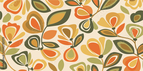 Mid century modern floral pattern with abstract organic shapes and leaves in warm retro autumn colors for home textiles.