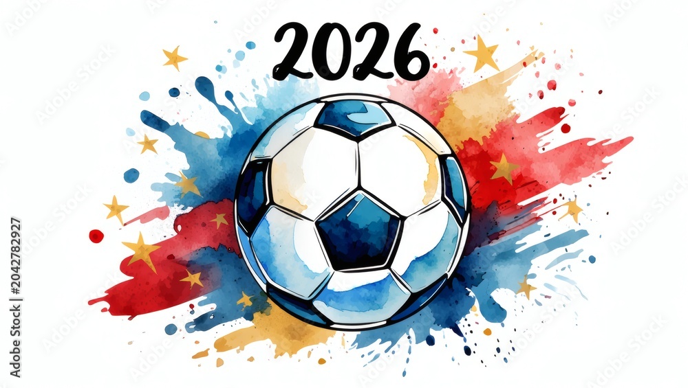 Fototapeta premium Soccer ball celebrates 2026 victory parade with colorful splashes and stars
