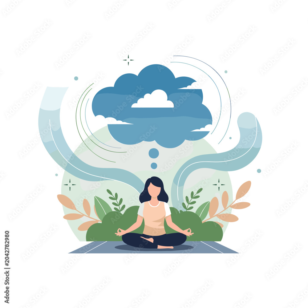 Obraz premium A woman meditating peacefully in a lotus position, with a thought bubble above her head depicting a stormy cloud.