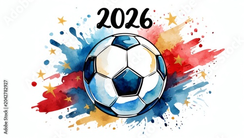 Soccer ball celebrates 2026 victory parade with colorful splashes and stars