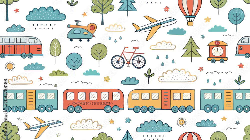 Fototapeta premium Seamless pattern with cute handdrawn transport, trees, and clouds