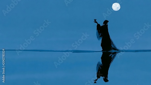 A Solitary Figure in Traditional Attire Holding a Cup Against a Full Moon Lit Blue Night Sky with Reflection