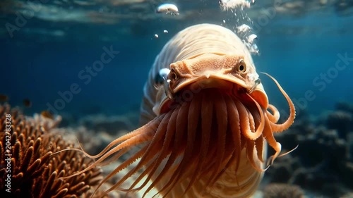 Chambered nautilus swimming underwater close