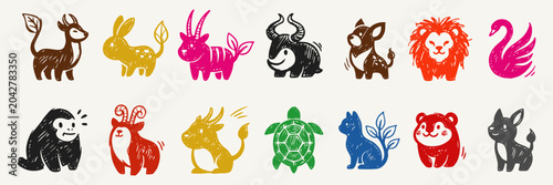 Canvas Print Unique Hand Drawn Animal Mascot Logo Set: Colorful Minimalist Doodle Icons with