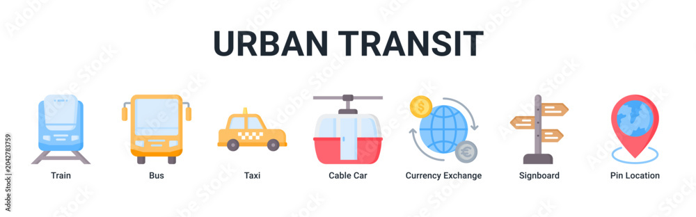 Naklejka premium Urban Transit web banner icon vector illustration with icons of Train, Bus, Taxi, Cable Car, Currency Exchange, Signboard and Pin Location