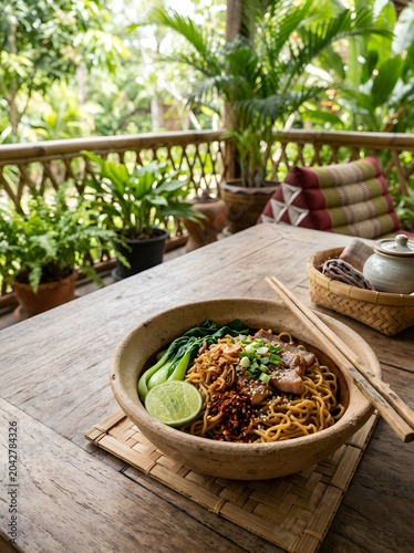 Authentic Thai Dry Egg Noodles with Pork and Lime on Rustic Table