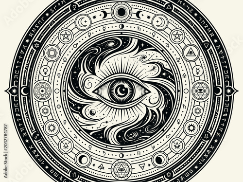 Tableau sur toile Intricate Occult All-Seeing Eye Mandala with Astrological Symbols, Alchemy Signs