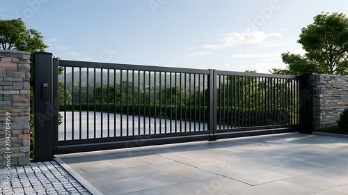 Awesome photo of modern automatic black metal driveway gate with stone pillars and keypad.