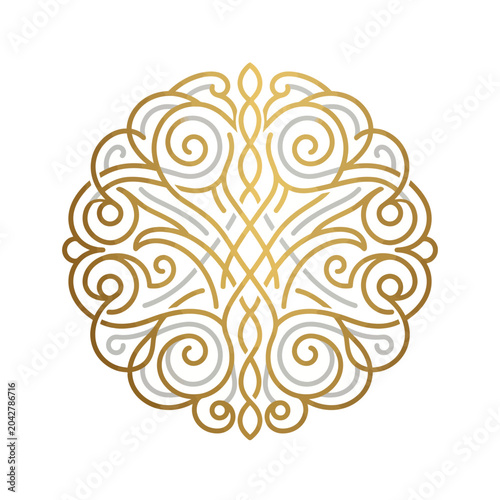 Elegant circular floral mandala ornament with gold and gray.