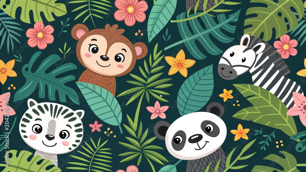 Naklejka premium Seamless pattern with cute jungle animals, monkey, zebra, tiger and panda, tropical leaves and flowers on dark green background, vector illustration