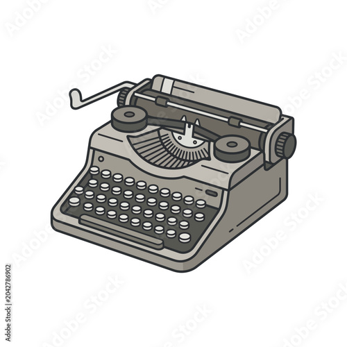 Retro grey mechanical typewriter in isometric view.