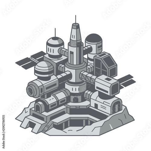 Isometric modular space station base line art illustration.