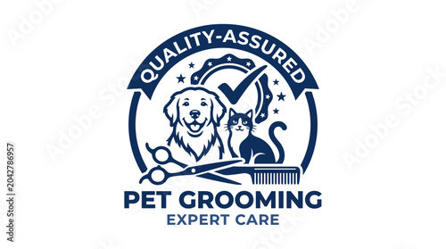 Photography Pet grooming emblem with dog, cat, scissors, and brush, quality assured concept