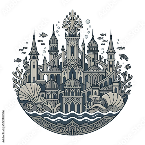 Intricate subaquatic palace inside circular frame.