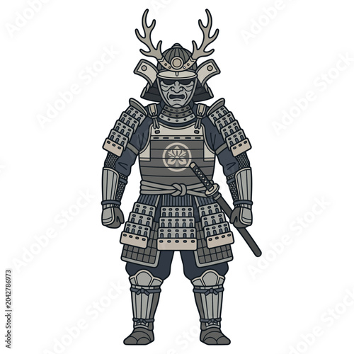 Full samurai warrior in armor with katana and antlers.