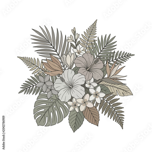 Muted color tropical bouquet with hibiscus and ferns.