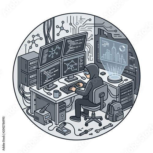 Round illustration of a hacker at a workstation.