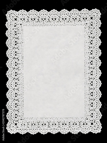 Rectangular Decorative Paper Doily Featuring an Intricate White Lace Border Pattern Isolated on a Solid Black Background for Elegant Presentation